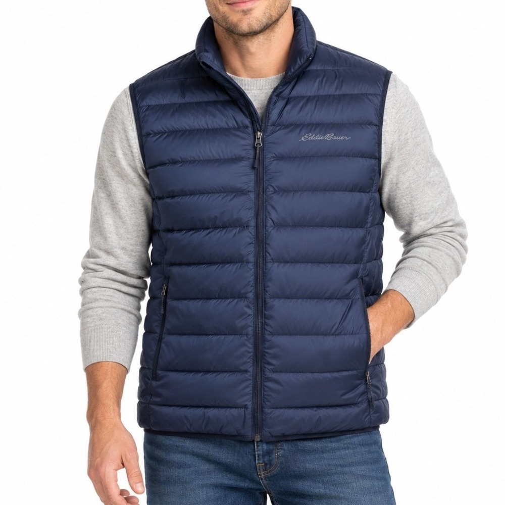 Eddie Bauer Puffer Vest Men Large Navy Blue Down Filled Quilted Lightweight Warm
